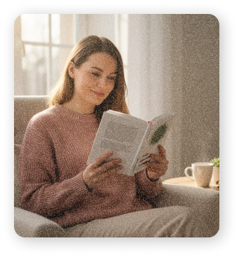woman is sitting and reading a book
