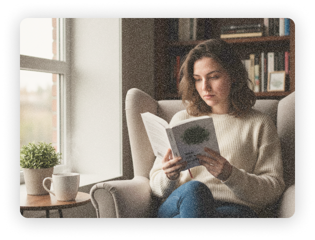 woman is smiling and reading a book